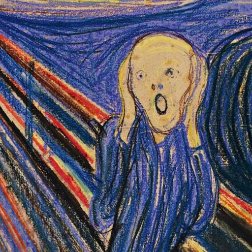 An abstract figure with a pale face holds its head and screams on a bridge, with swirling blue, orange, and black lines in the background.