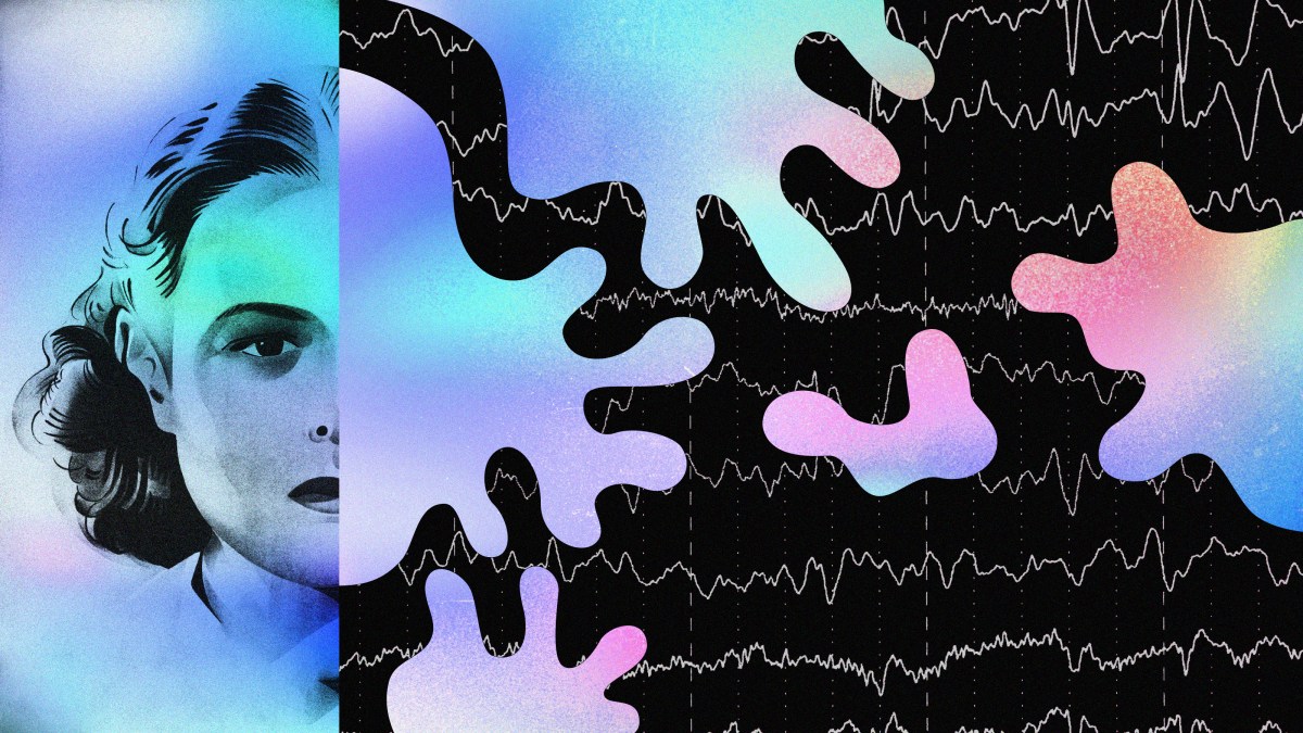 a woman's face is shown with a colorful background.