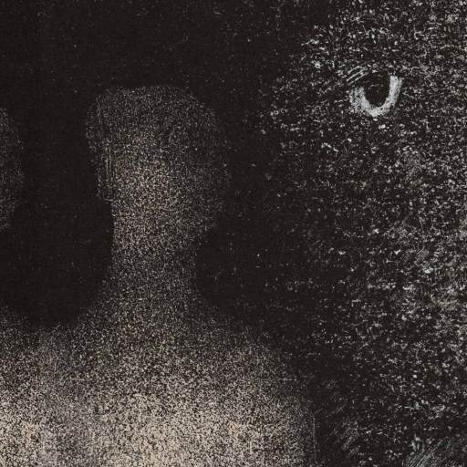 Two abstract human figures stand next to each other on the left, while a pair of white eyes emerges from a dark, textured background on the right.