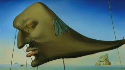 A surreal painting shows a large distorted human face with closed eyes, supported by sticks, floating above a calm landscape with a boat and building in the background.