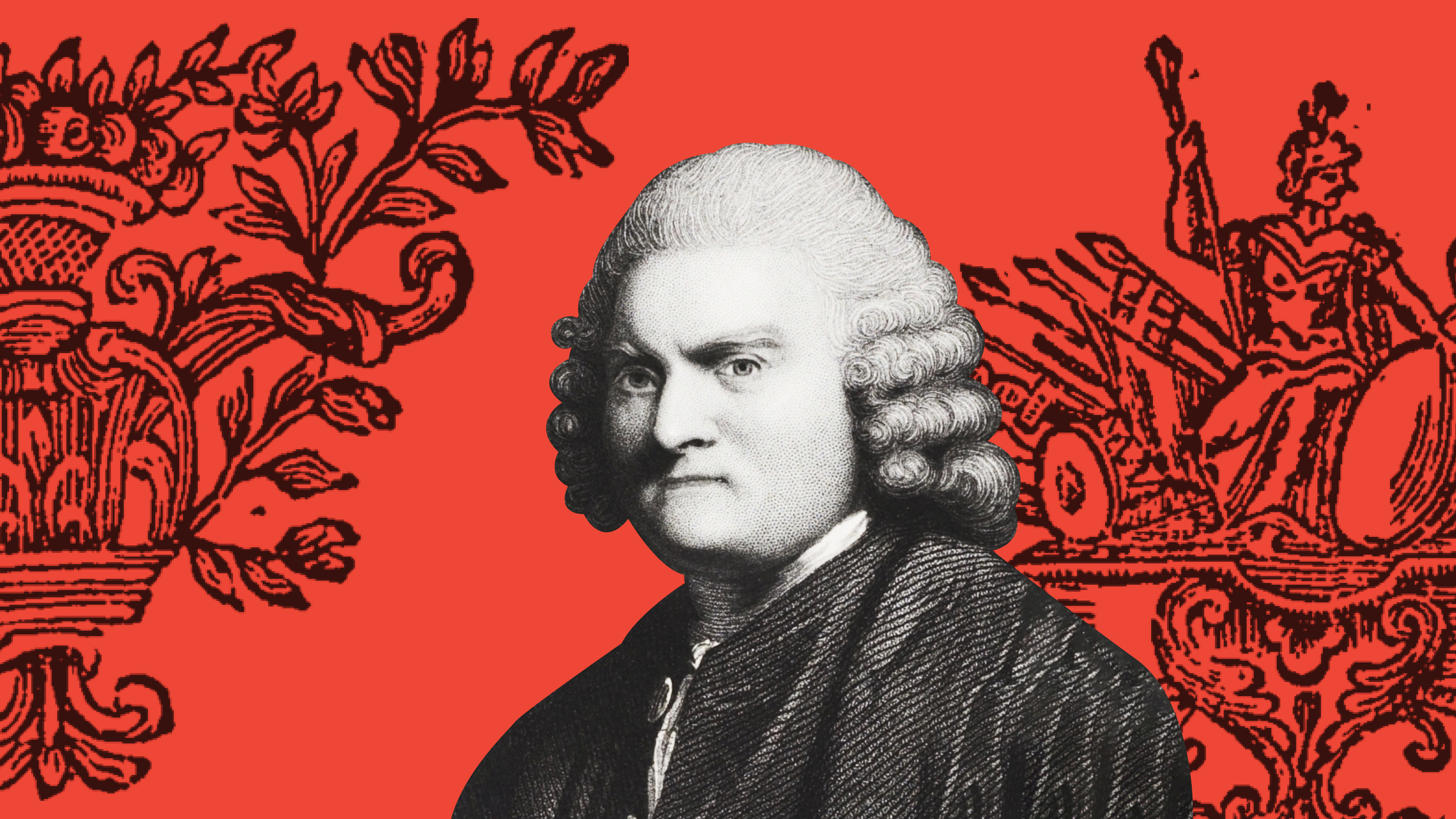 a black and white photo of a man in front of a red background.