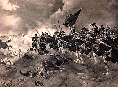 a painting of a battle with a bunch of men on horses.