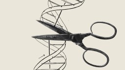 A pair of scissors appears to cut through a black and white illustration of a DNA double helix.
