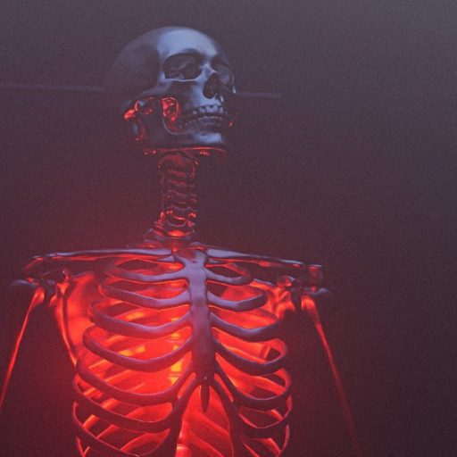 a skeleton is shown in a red light.