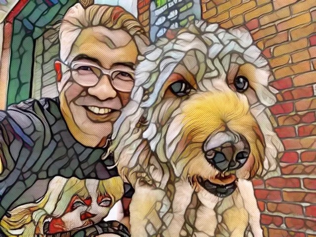 a painting of a man and his dog.