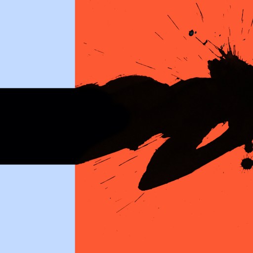 a black and orange photo of a person holding a surfboard.