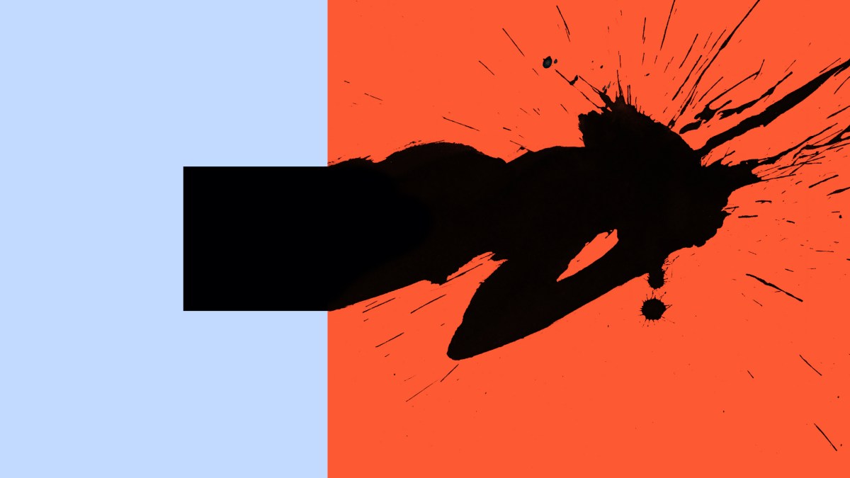 a black and orange photo of a person holding a surfboard.