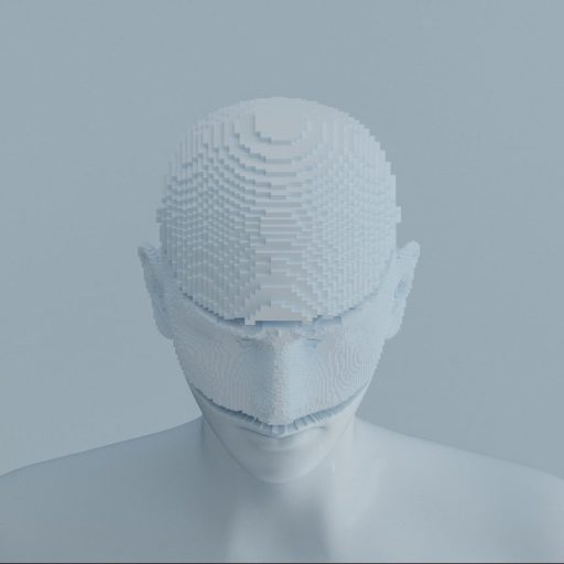 A digital art image of a human made of small white blocks.
