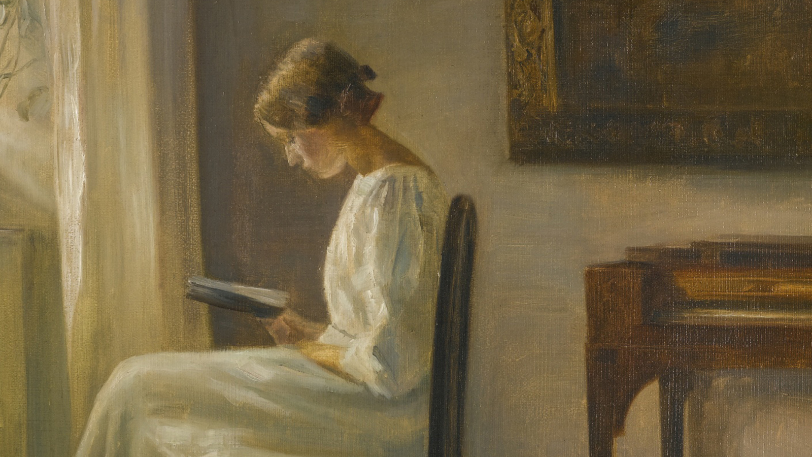A woman in a white dress sits on a chair by a window, reading a book in a softly lit room with a piano nearby, embodying the quiet charm of why read old books.