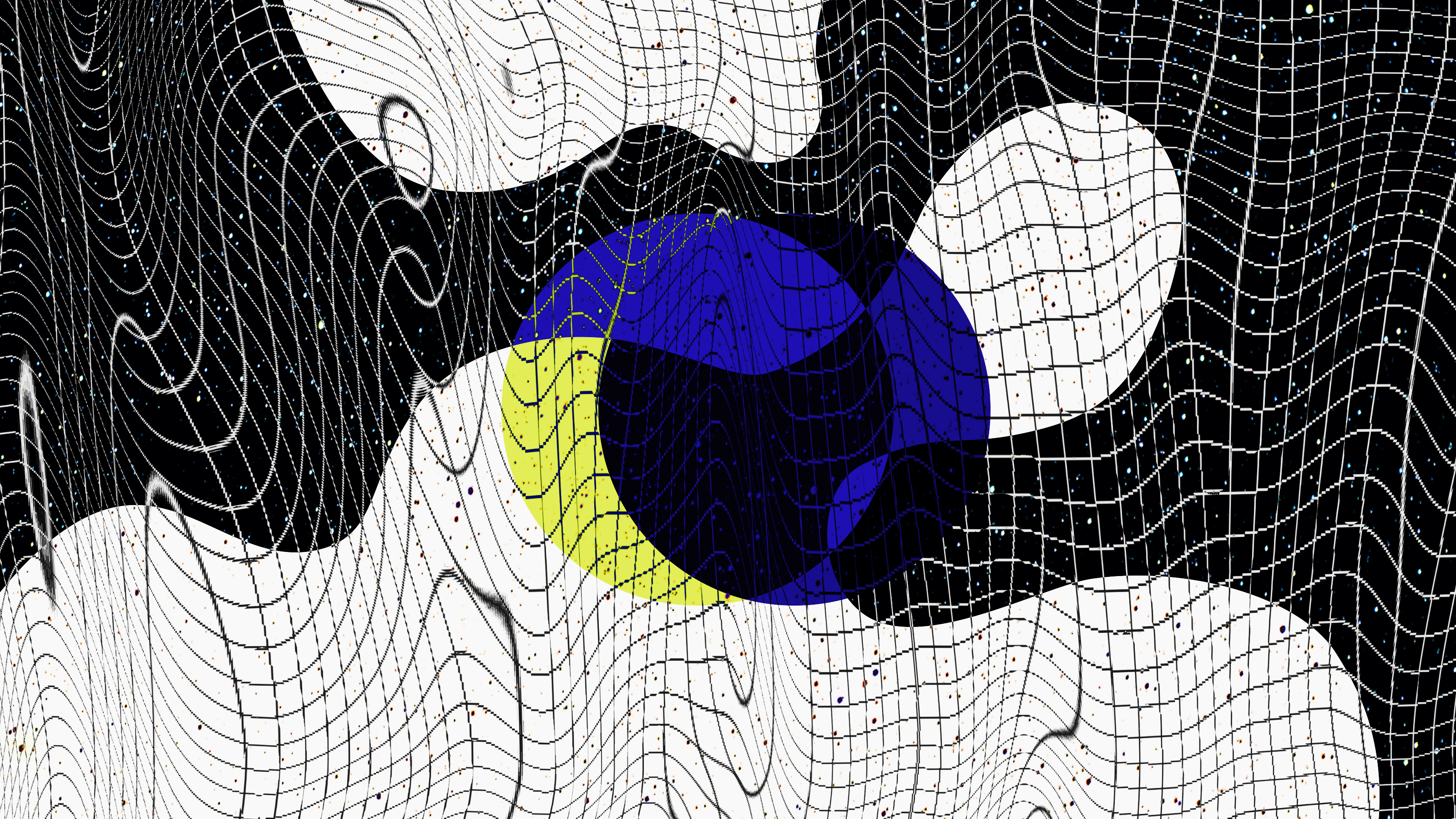 a painting of a blue and yellow ball on a black background.