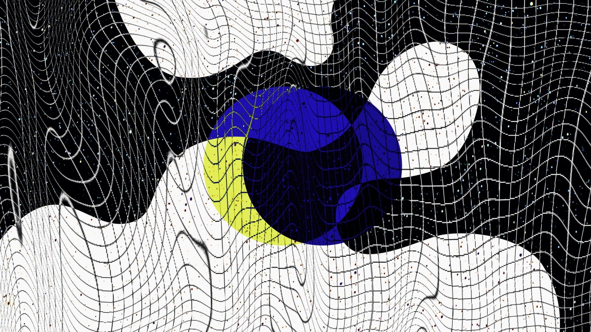 a painting of a blue and yellow ball on a black background.