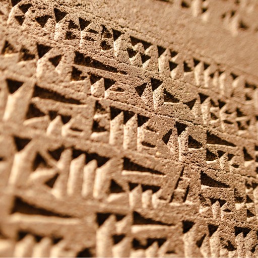 Cuneiform writing on a stone wall.