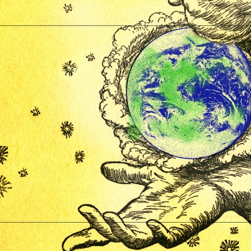 an illustration of a hand holding a globe.