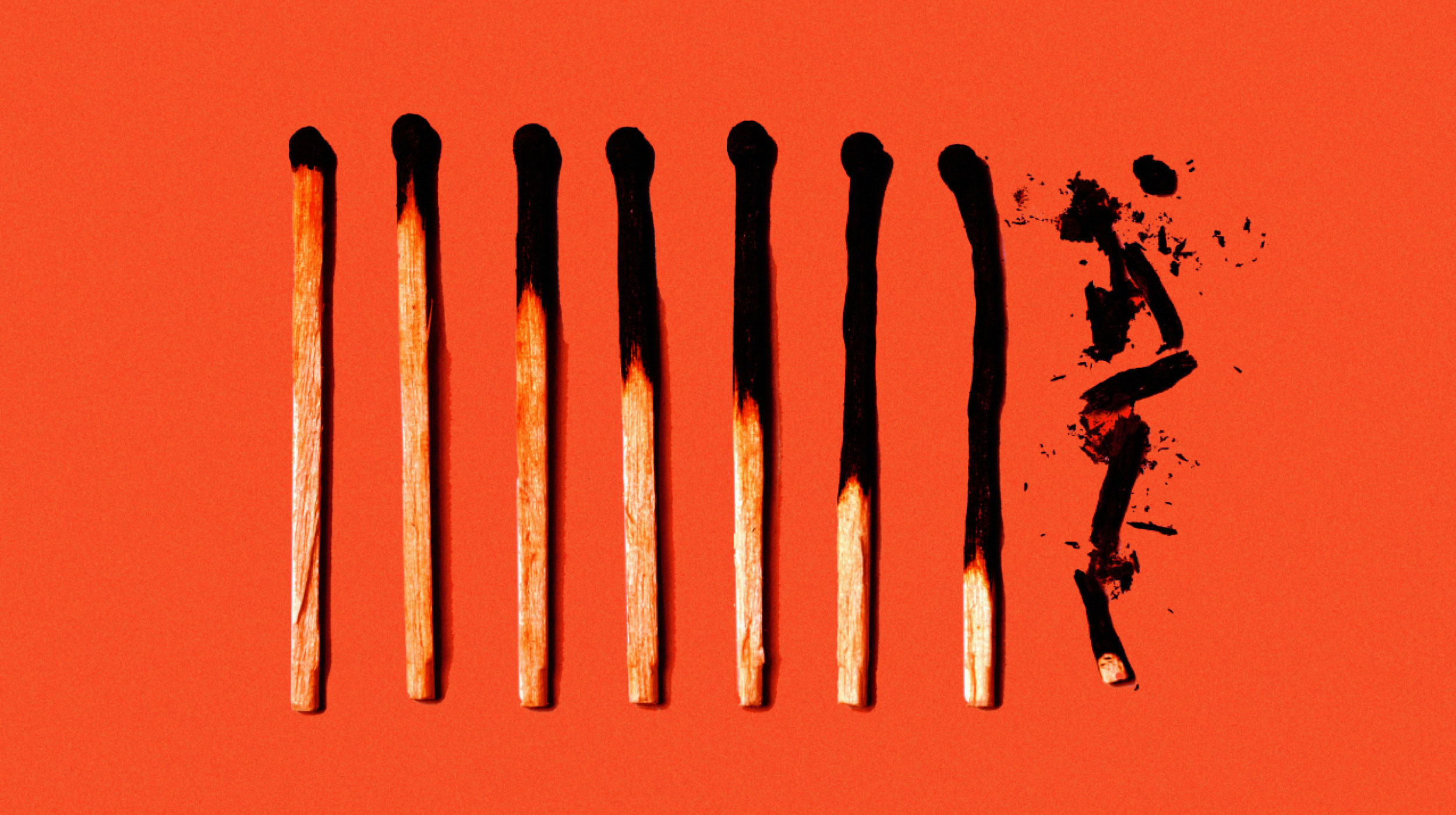 Eight burnt matchsticks stand upright on an orange background, with the last match forming a scattered, crumbling silhouette.