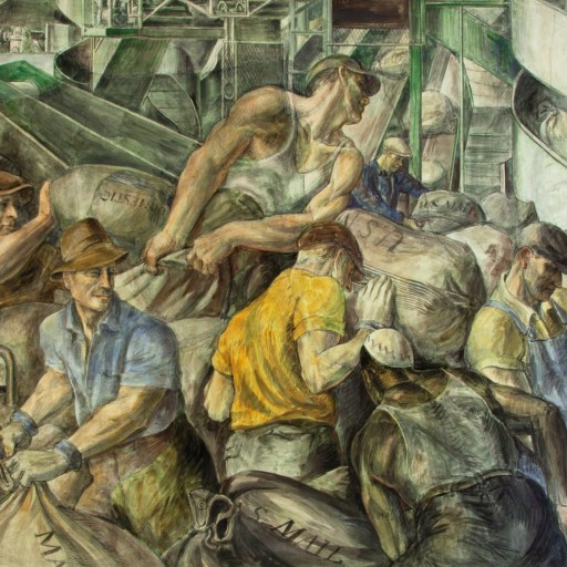 a painting of a group of people in a factory.