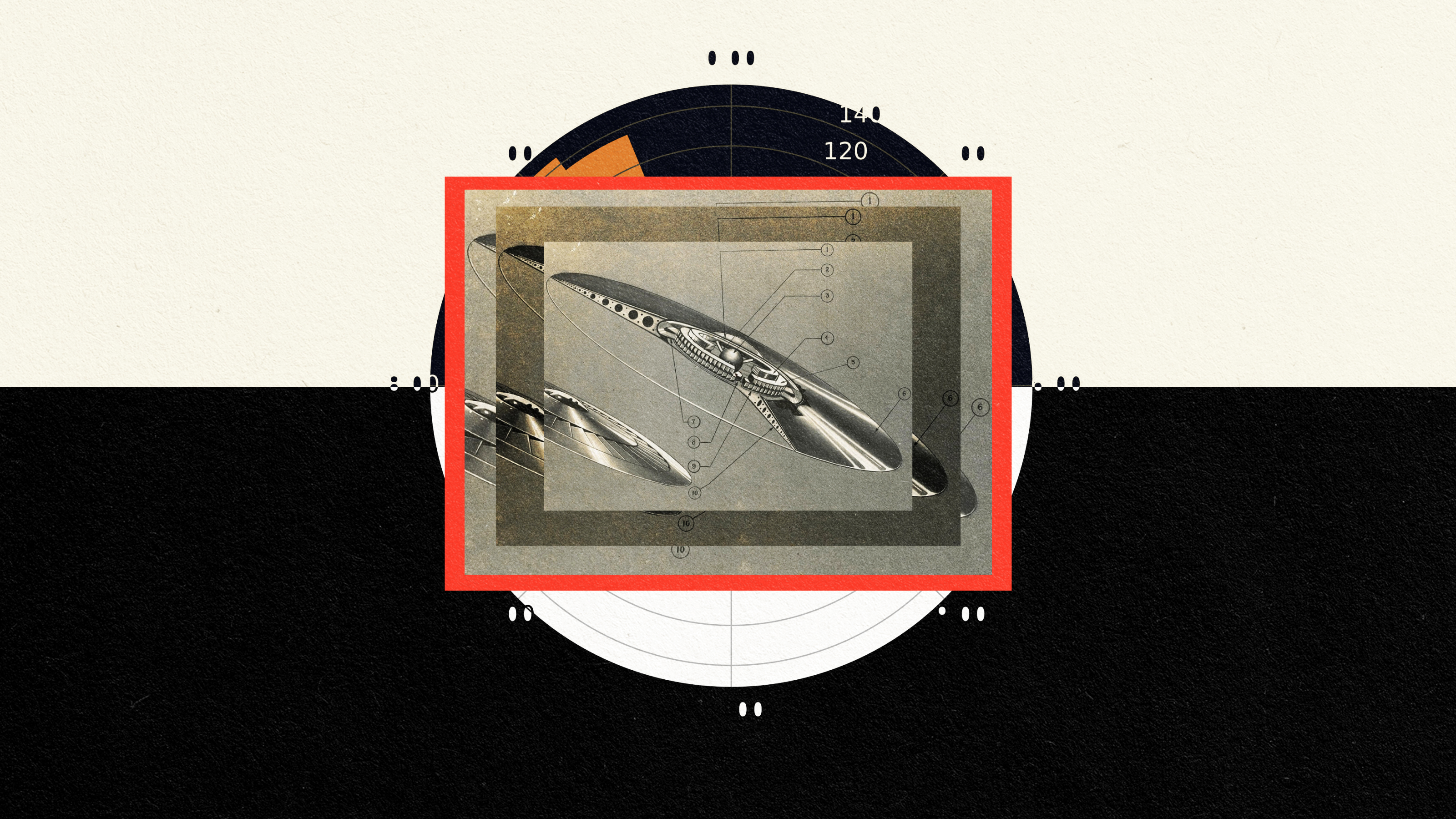 a black and white photo with a red border.