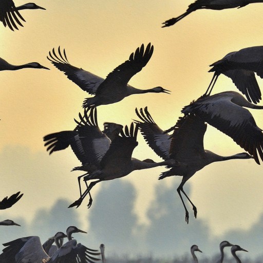 a flock of birds flying through a cloudy sky.