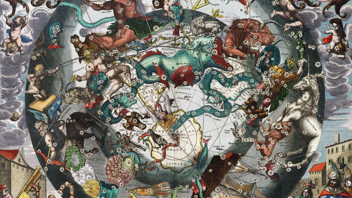 An old illustration connecting science and faith, depicting the map of the heavens.