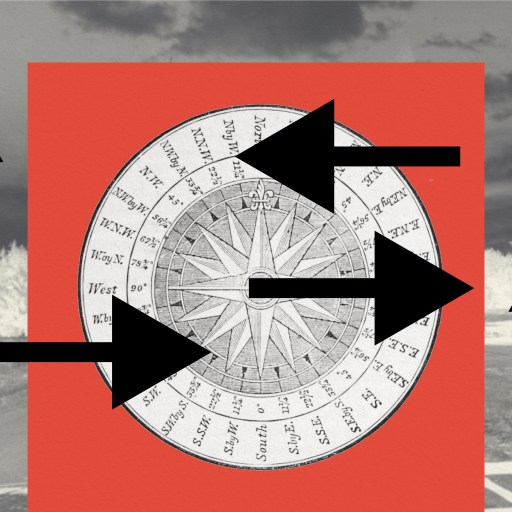 a black and white photo of a red square with arrows.