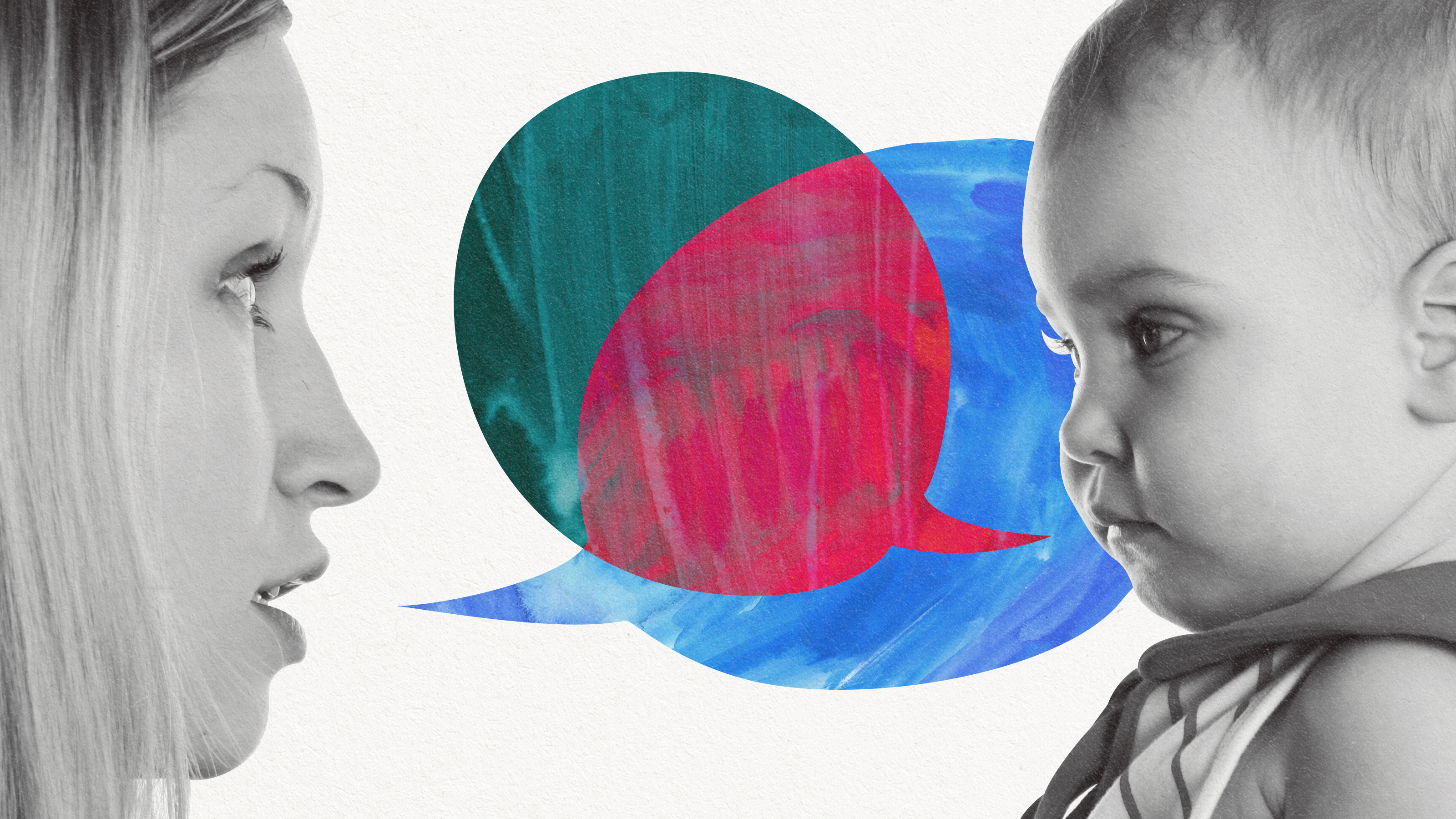 A woman and a baby engaging in language exchange through speech bubbles.