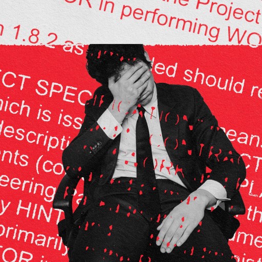 a man in a suit and tie covering his face with his hands.