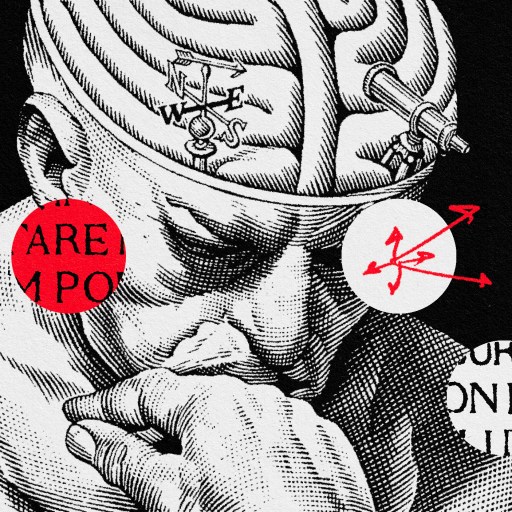 a black and white drawing of a man with a brain on his head.