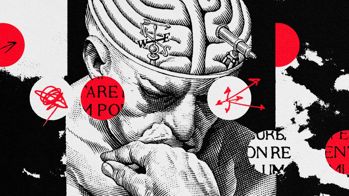 a black and white drawing of a man with a brain on his head.