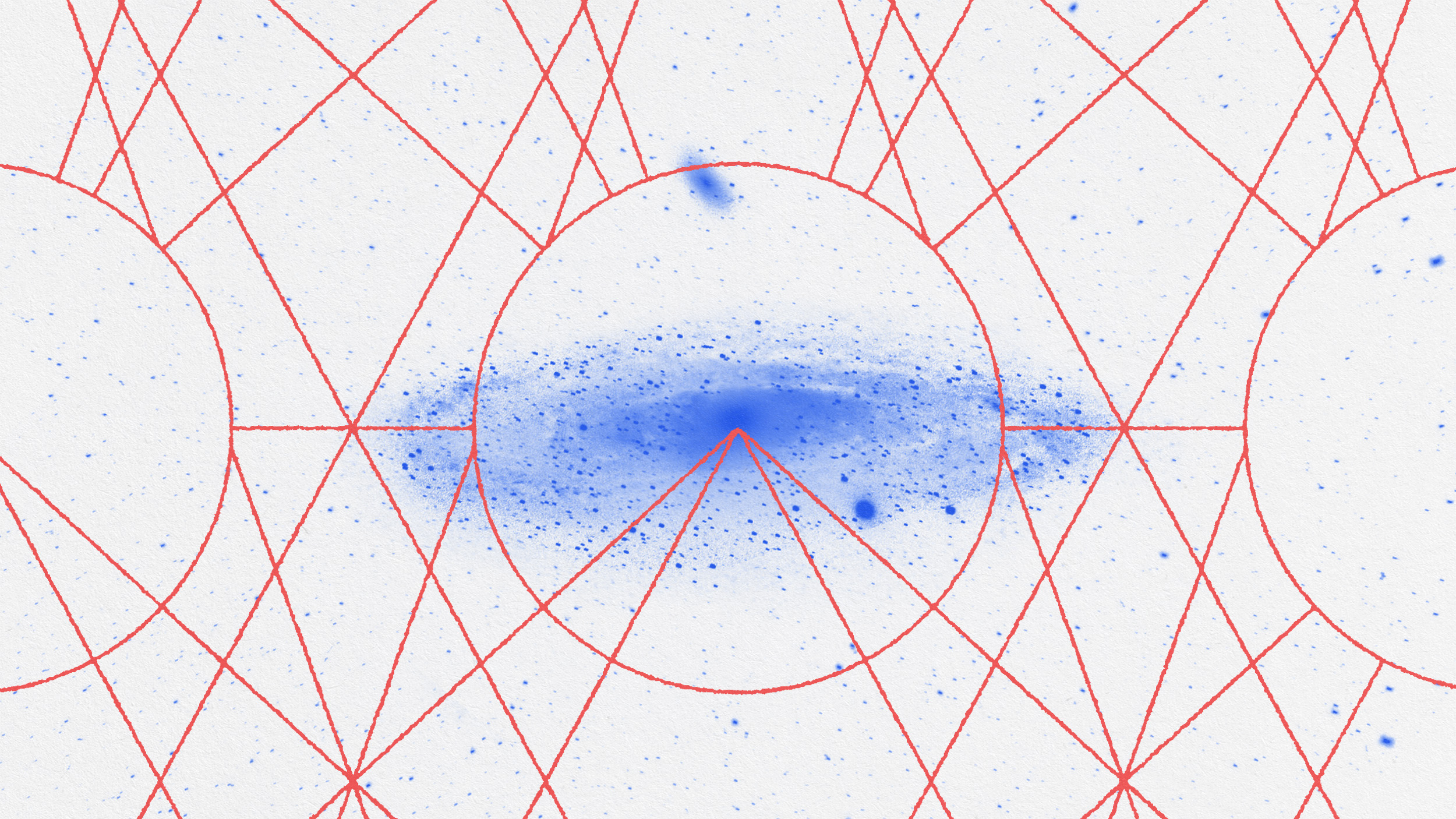 a blue circle surrounded by red lines on a white background.