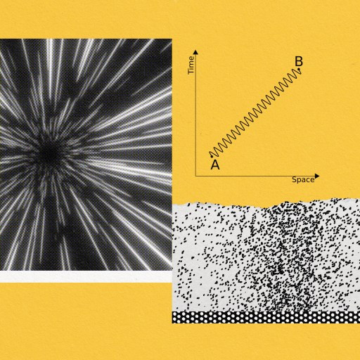 a black and white photo with a yellow background.