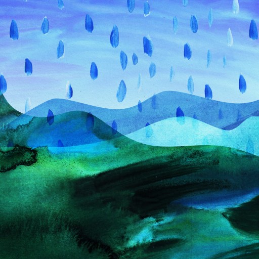 a painting of a landscape with mountains and rain.