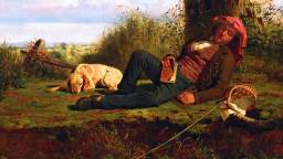 A man wearing a red headscarf sleeps against a tree with an open book in hand, while a dog lies nearby on the grass. A basket and fishing rod rest beside him.