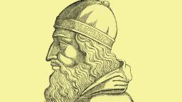 A detailed black-and-white illustration of a bearded man in profile view, wearing a decorated helmet and cloak, against a plain yellow background.