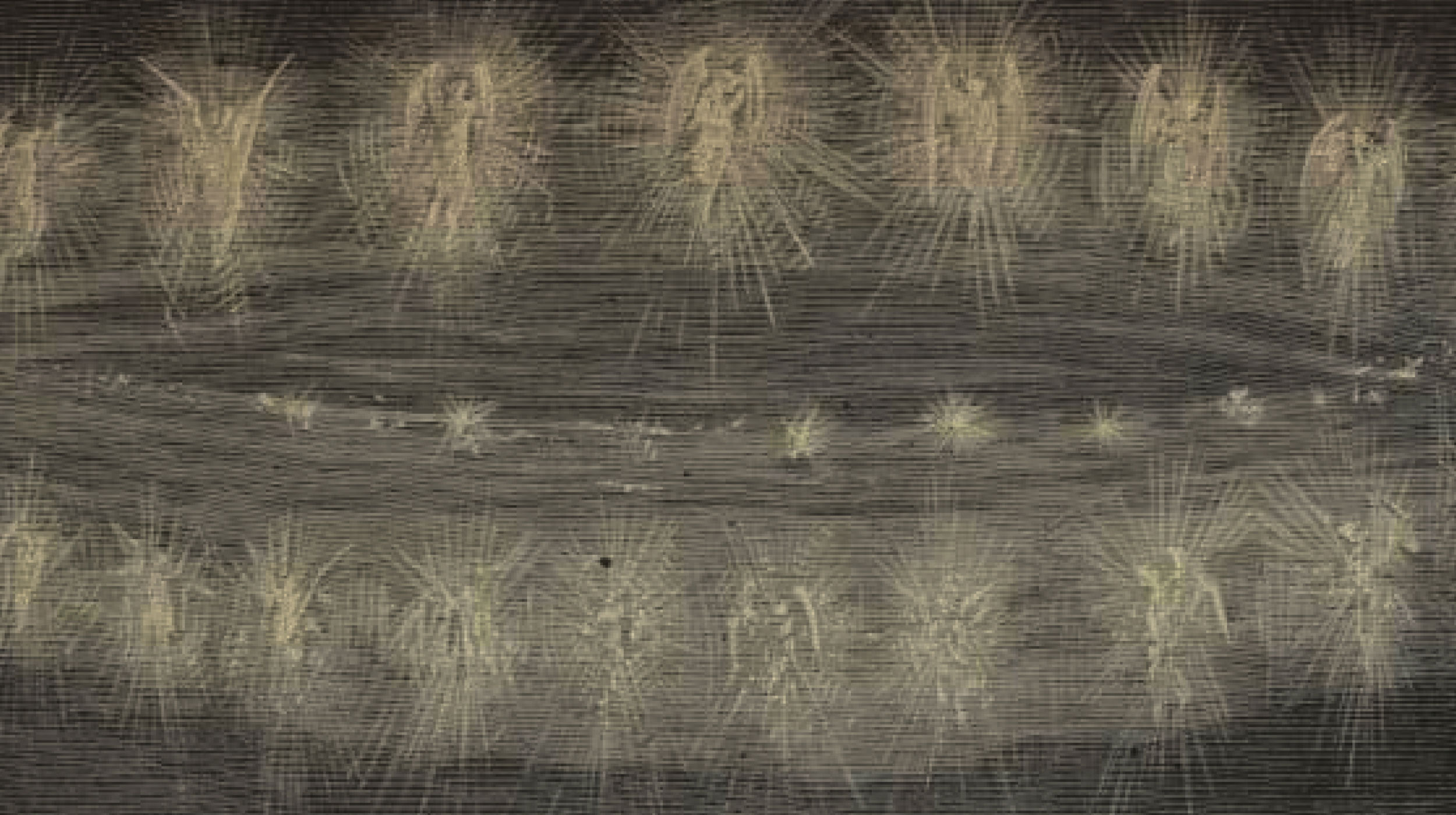 A vintage illustration shows two rows of glowing, human-like figures with radiating lines, set against a dark, textured background.