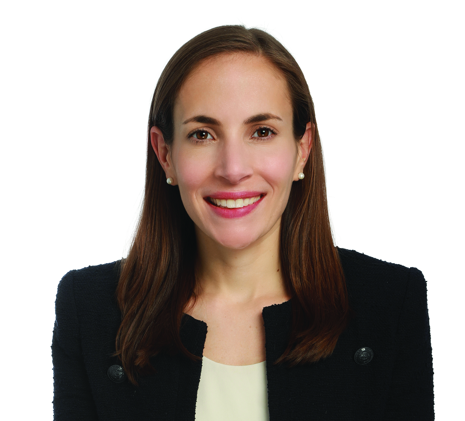 a woman in a black jacket smiling.