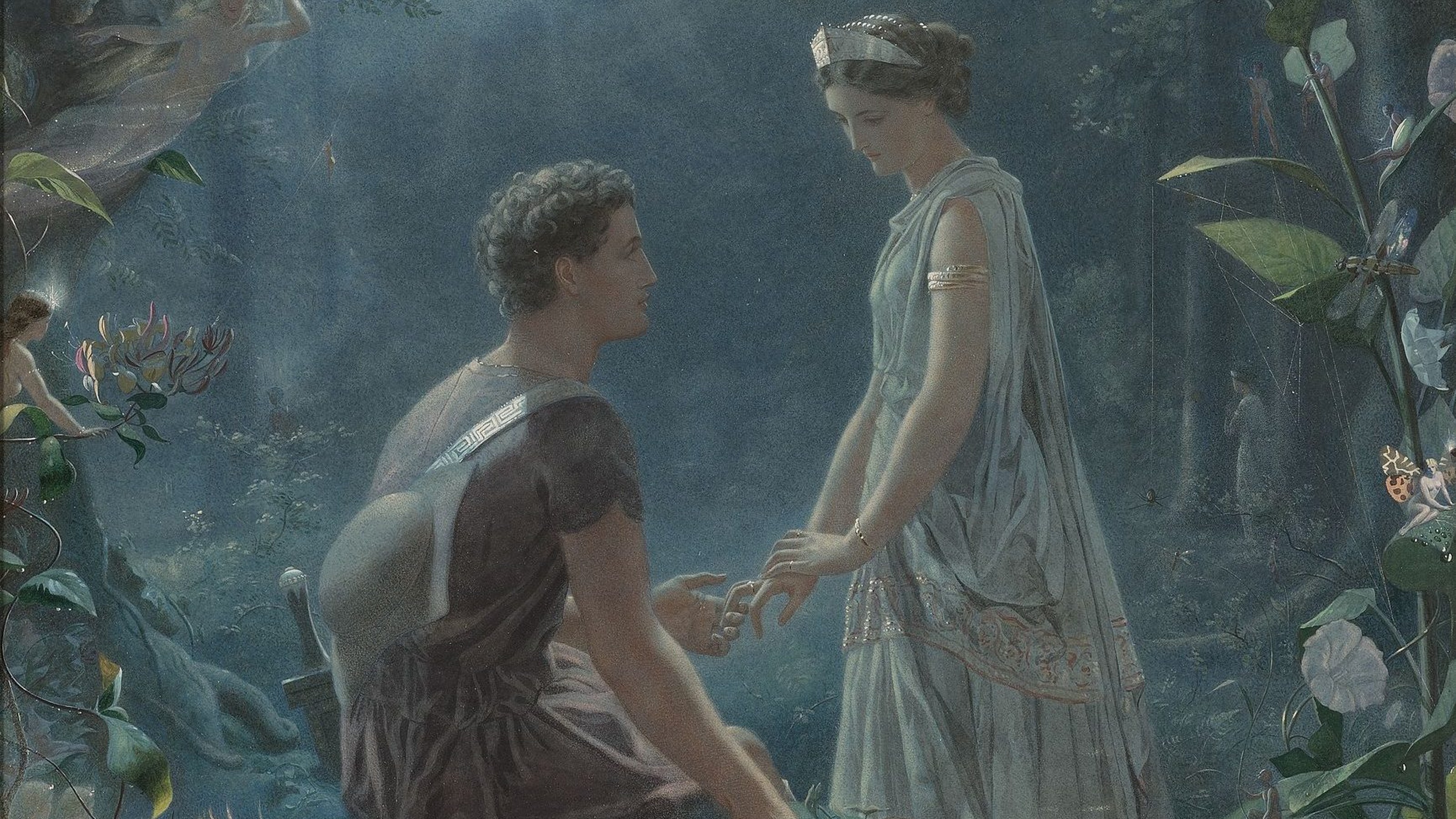 A Tolkien-inspired painting portraying a man and woman amidst a mystical forest.