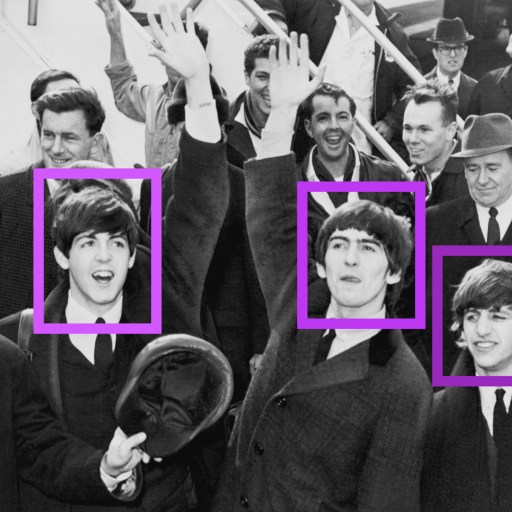 The demixed Beatles are shown in a crowd of people at the Hollywood Bowl.