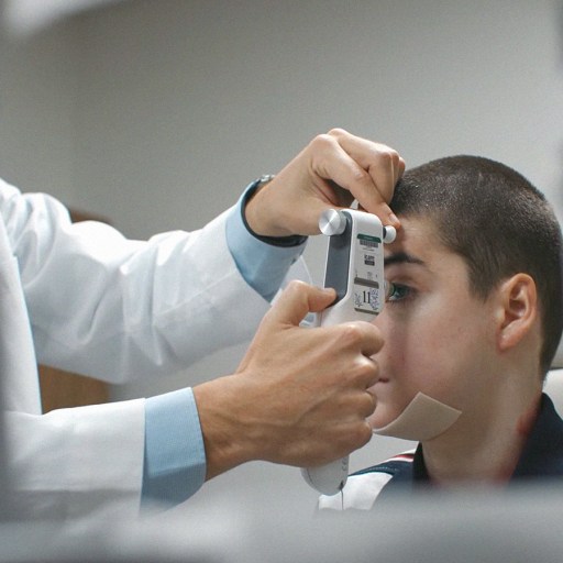 A doctor is examining a boy's eye.