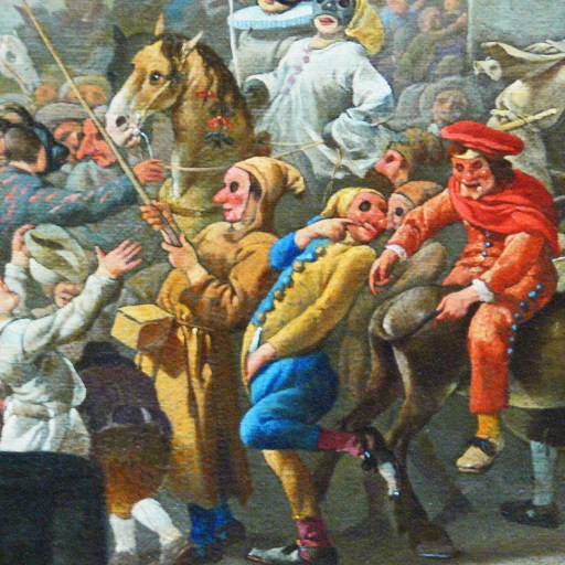 A carnival-themed painting of a crowd.