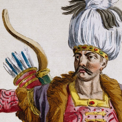 An old Mongol drawing of a man with a bow and arrow.