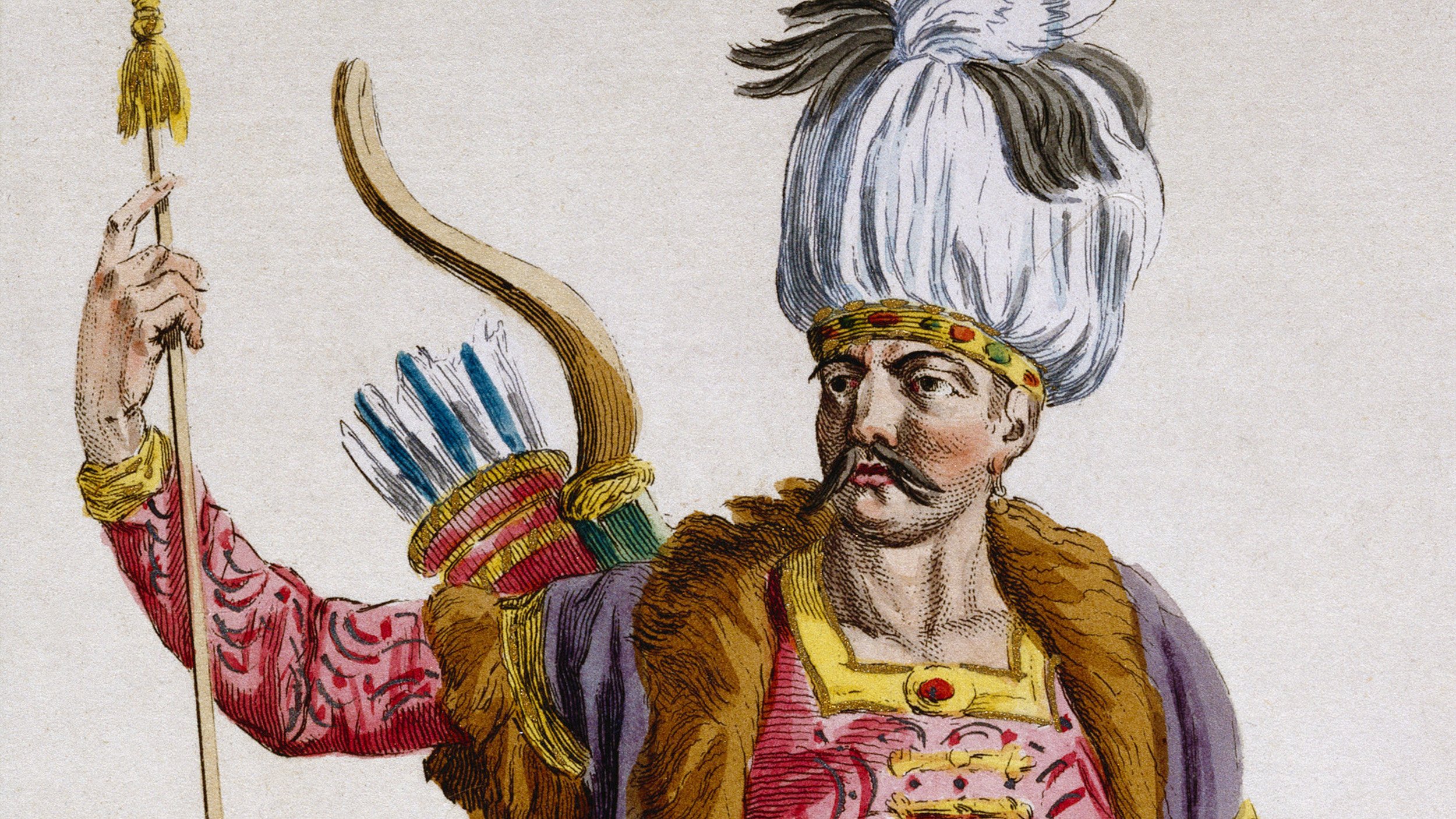 An old Mongol drawing of a man with a bow and arrow.