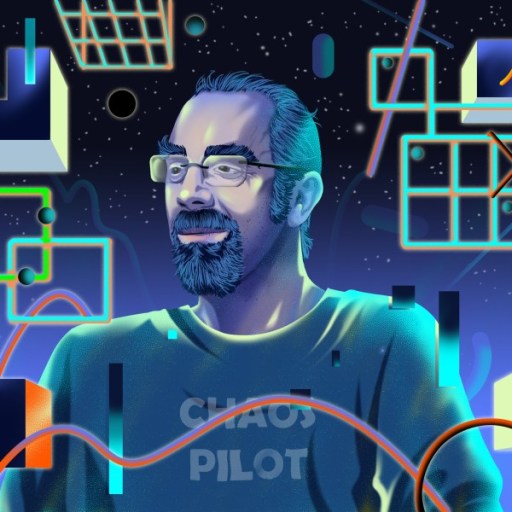 An illustration of a man with glasses in front of a colorful background.