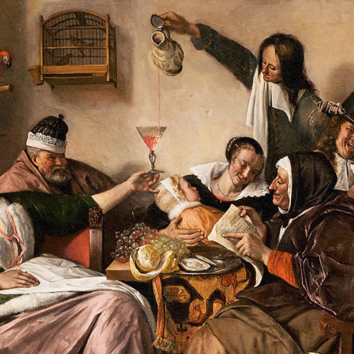 a painting of a group of people drinking in a room, depicting the extinction of gatherings.