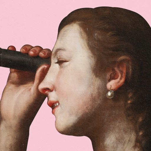 A woman utilizing her intuition examines the universe through a telescope against a pink backdrop.