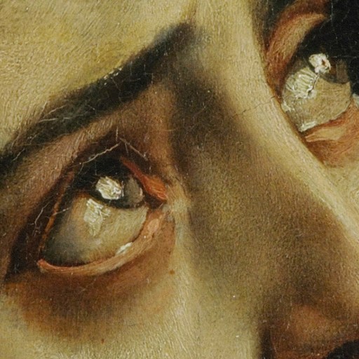 A close up of a woman's eyes in a painting depicting societal distress.