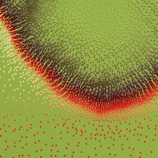 An image showcasing a quantum biology-inspired green, flower-like structure adorned with vibrant red dots.