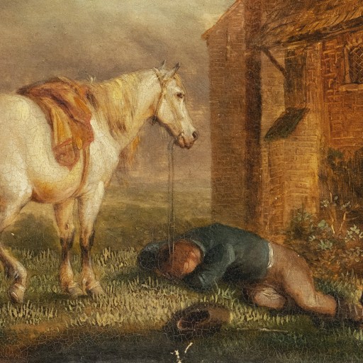 A man napping next to a horse in a painting.
