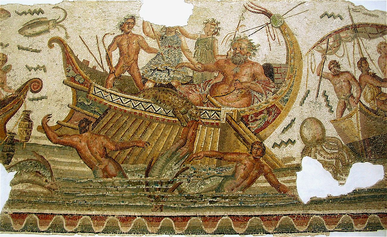 A mosaic depicting Julius Caesar in a boat surrounded by people.