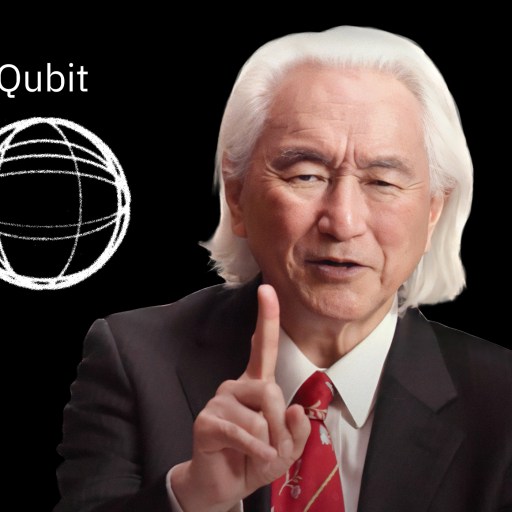 A man in a suit and tie is pointing to a quantum computer.