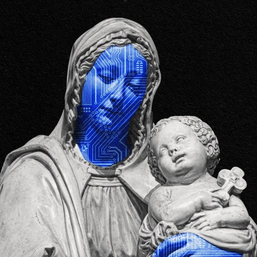 A declining religious statue of Mary holding a blue baby.