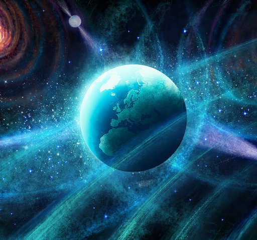 A black hole in space with a planet in the middle.